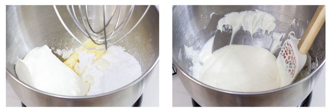 Two side by side images of the ingredients to make the filling before and after mixing.