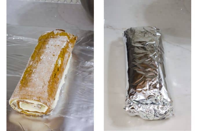 The pumpkin roll before and after being wrapped in plastic wrap and foil.