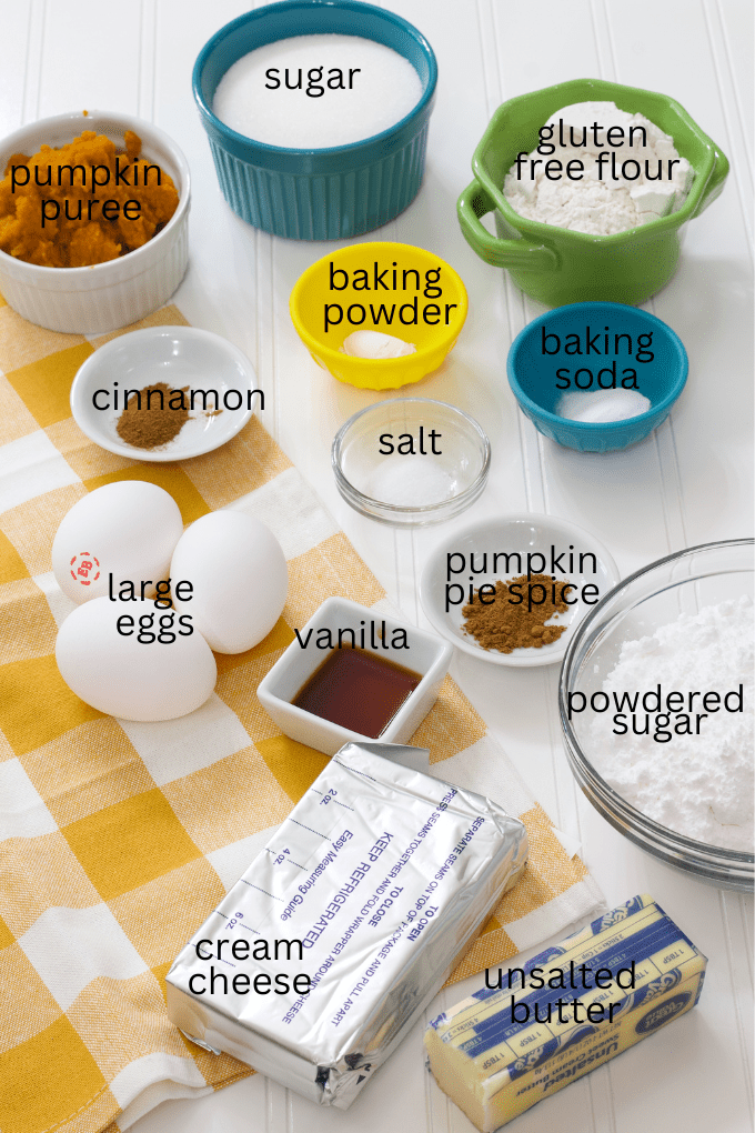 All of the ingredients needed to make the pumpkin roll with text saying what they are.