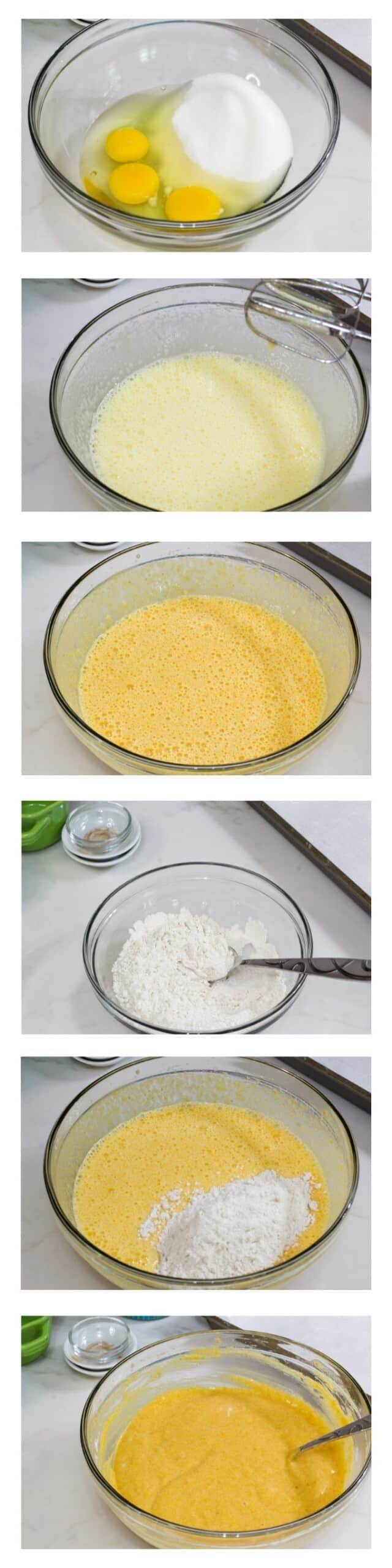 A collage of 6 images that show the steps to make the cake batter.