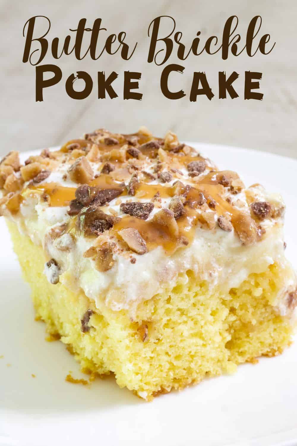 Butter Brickle Poke Cake is a delicious and decadent dessert that features a boxed yellow cake mix, pudding, caramel and Heath toffee bits.  via @mindyscookingobsession