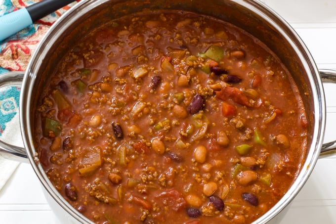 Overhead view of the dutch oven filled with one pot beef chili.