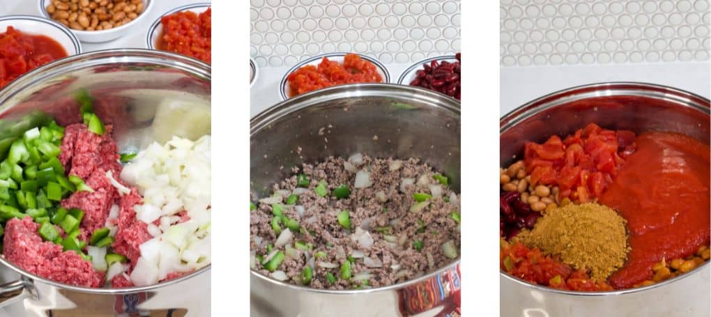 A collage of the images showing the steps to make the chili