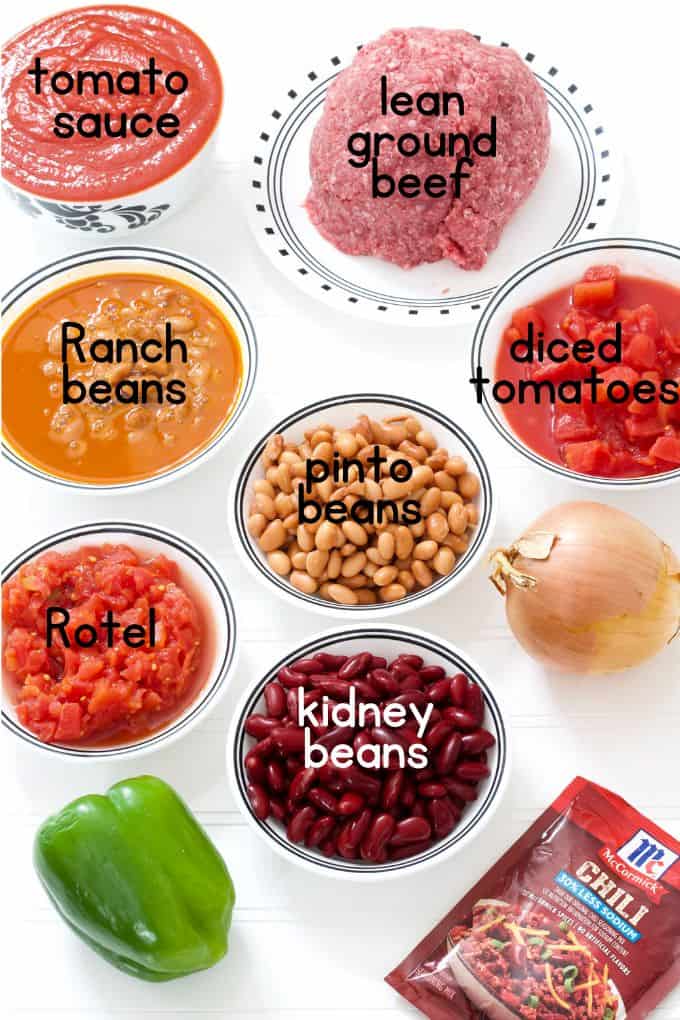 All of the ingredients needed to make one pot beef chili with beans.