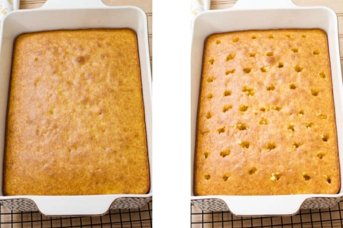Side by side images of the baked cake without and with the holes.
