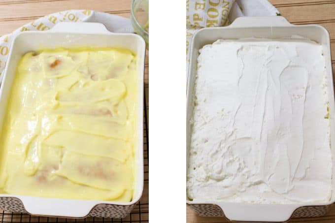 Side by side images of the baked cake with vanilla pudding and then topped with cool whip.