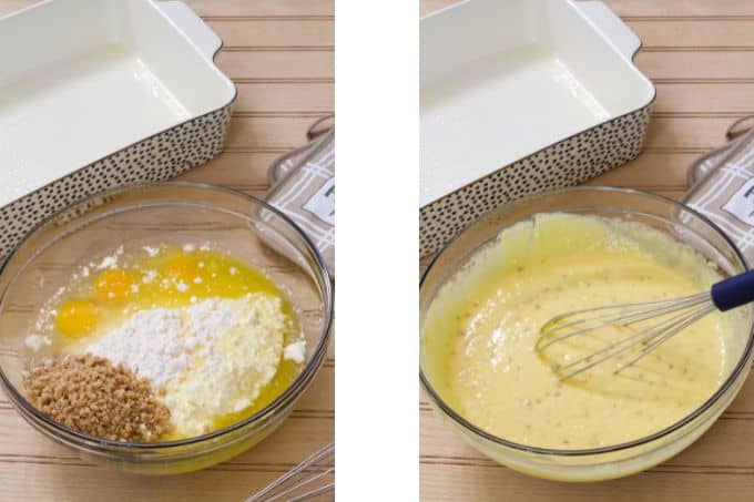 Side by side images of the batter ingredients in a glass bowl, unmixed and mixed.