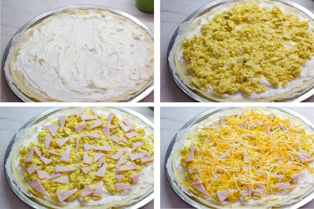 A collage of 4 images showing the different toppings in layers on the crust.