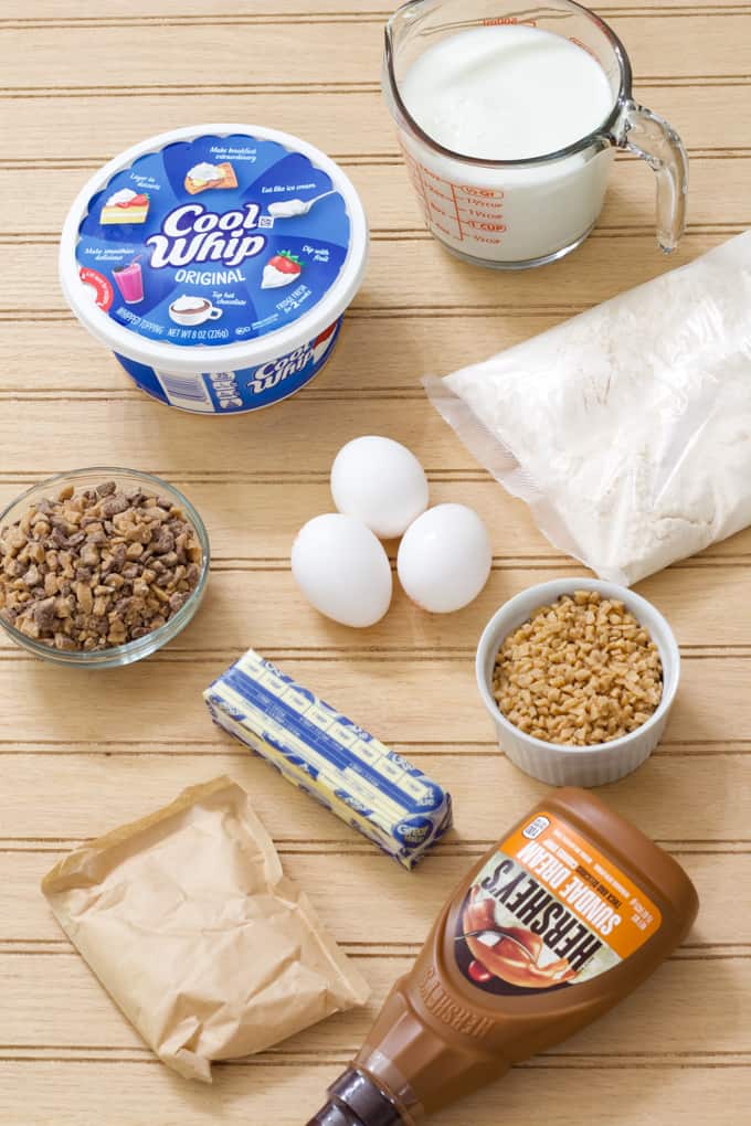 All of the ingredients needed to make the cake laid out on a table.