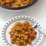 A white plate with one serving of hamburger helper on it.