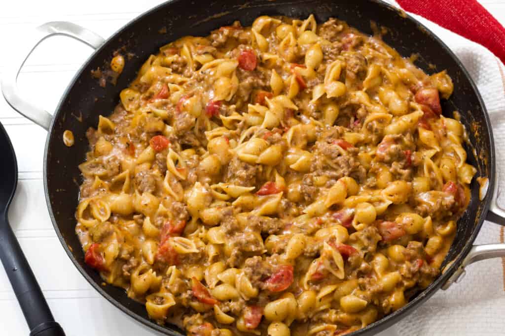 Full view of the nonstick skillet full of the finished dish.