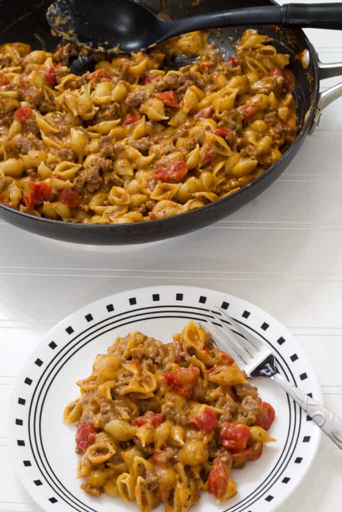 A plate of pasta in the foreground and the skillet of pasta in the background.