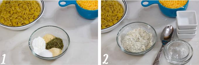 A collage of two images showing the spices in bowls, unmixed and mixed.