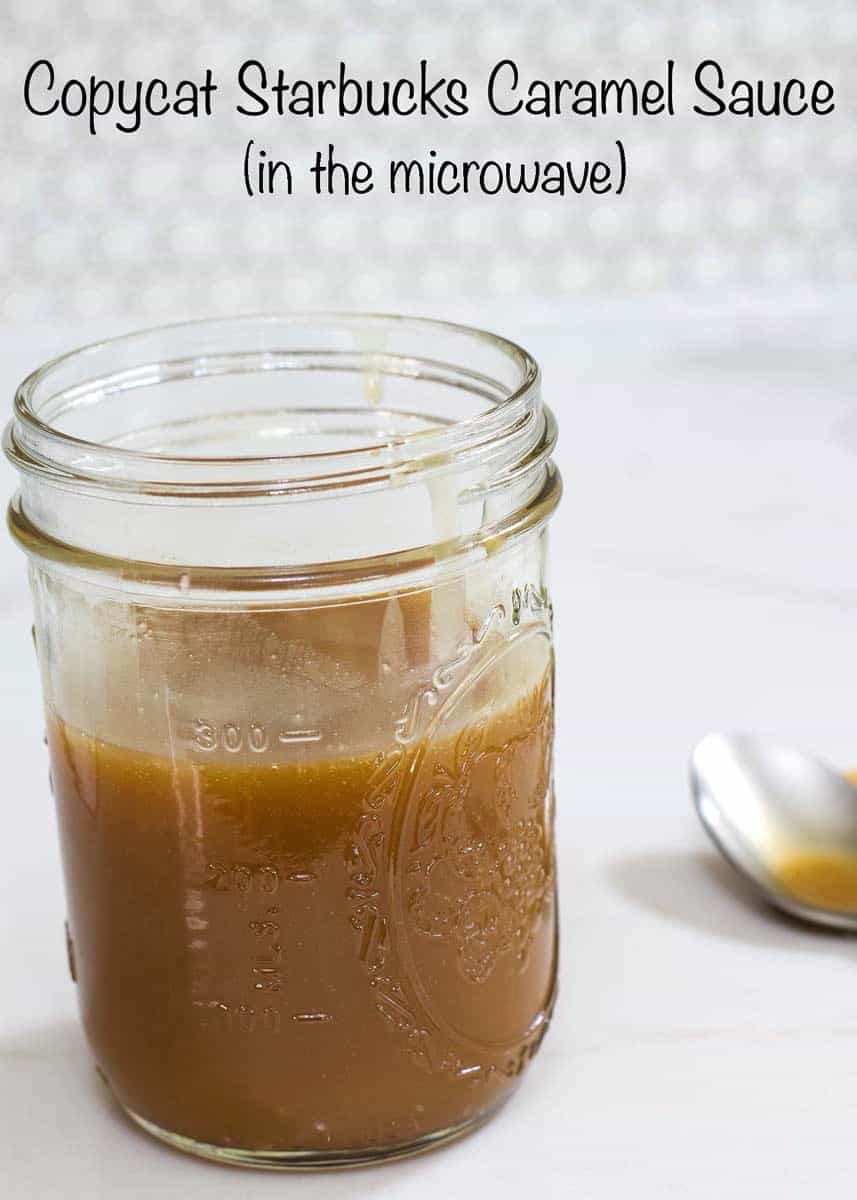 Caramel sauce in a mason jar with the title written above it in black.