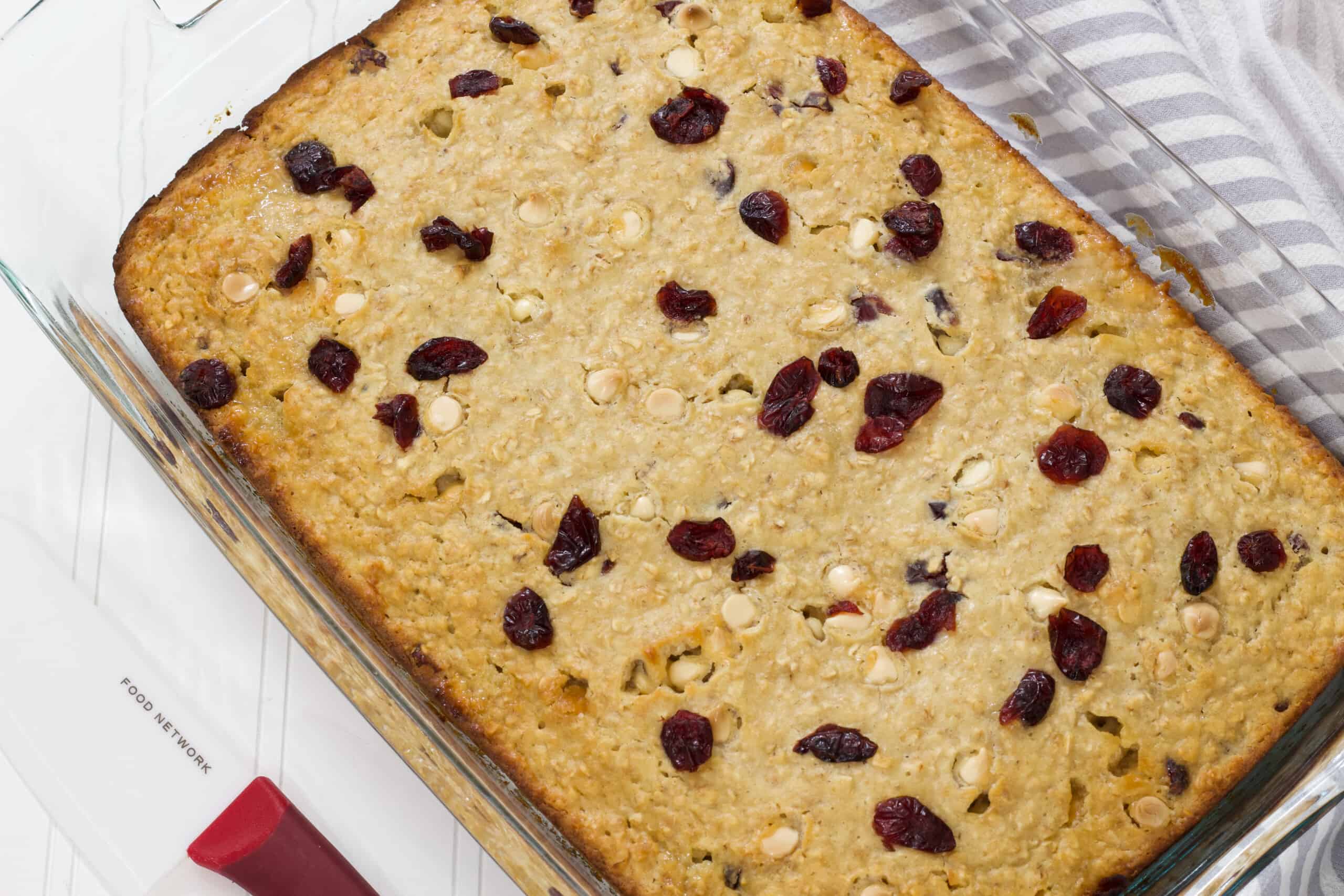Close up overhead shot of the entire glass baking dish with oatmeal bars in it.
