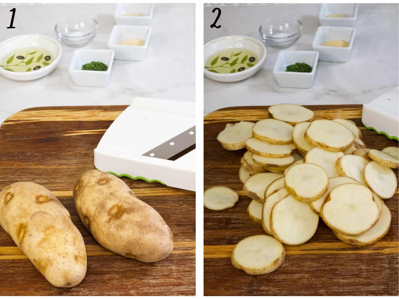 Side by side images of the potatoes on a cutting board, uncut and cut.