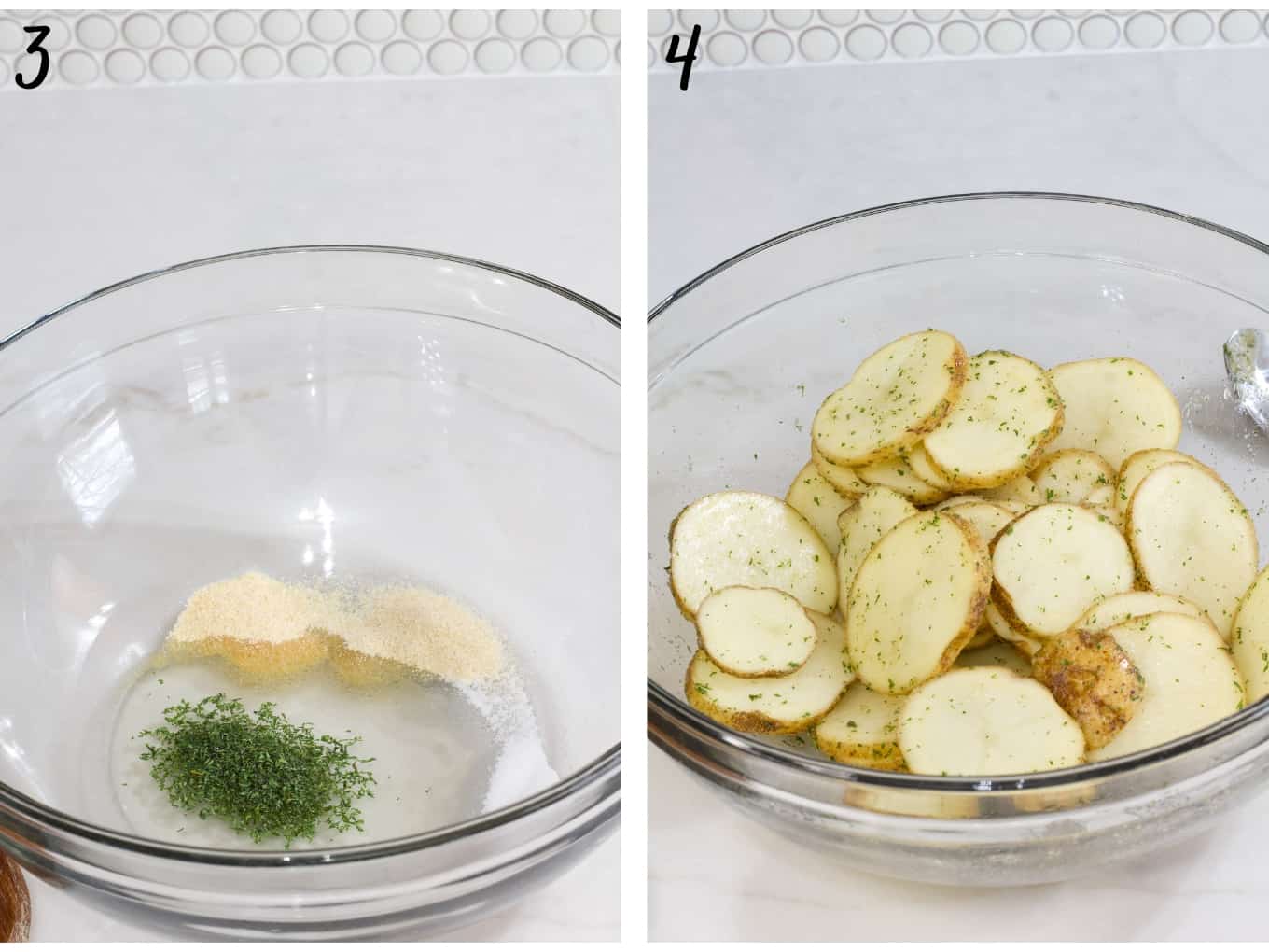 Side by side images of the spices in the bowl, without and with the sliced potatoes in it.