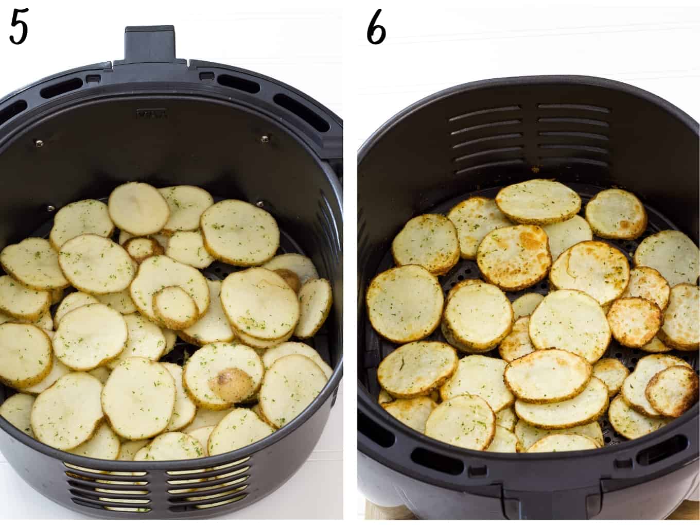 Side by side images of the potatoes in the air fryer basket, raw and cooked.