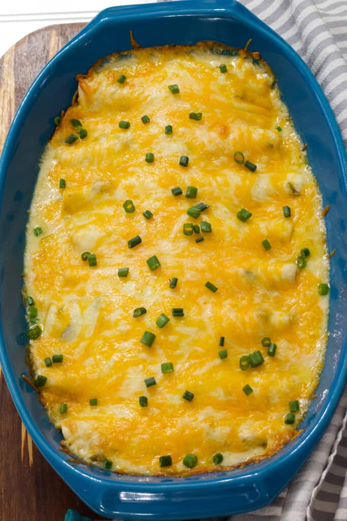 Overhead shot of all eight chicken enchiladas topped with green onion in a blue casserole dish.