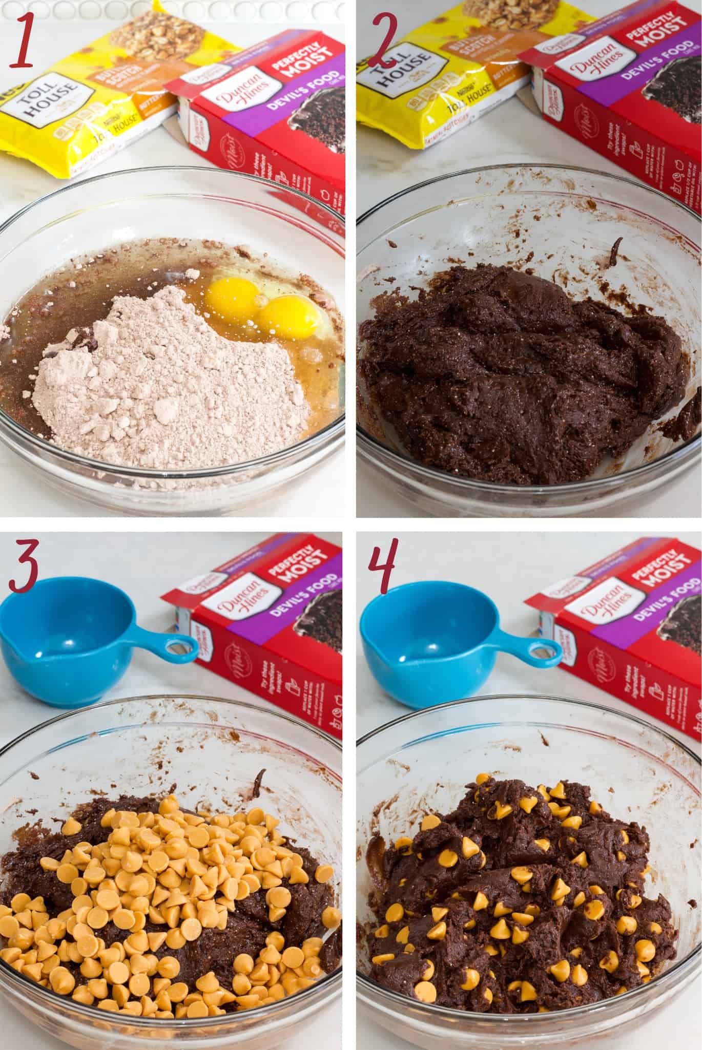 A collage of 4 images showing the batter being mixed and the butterscotch chips added.