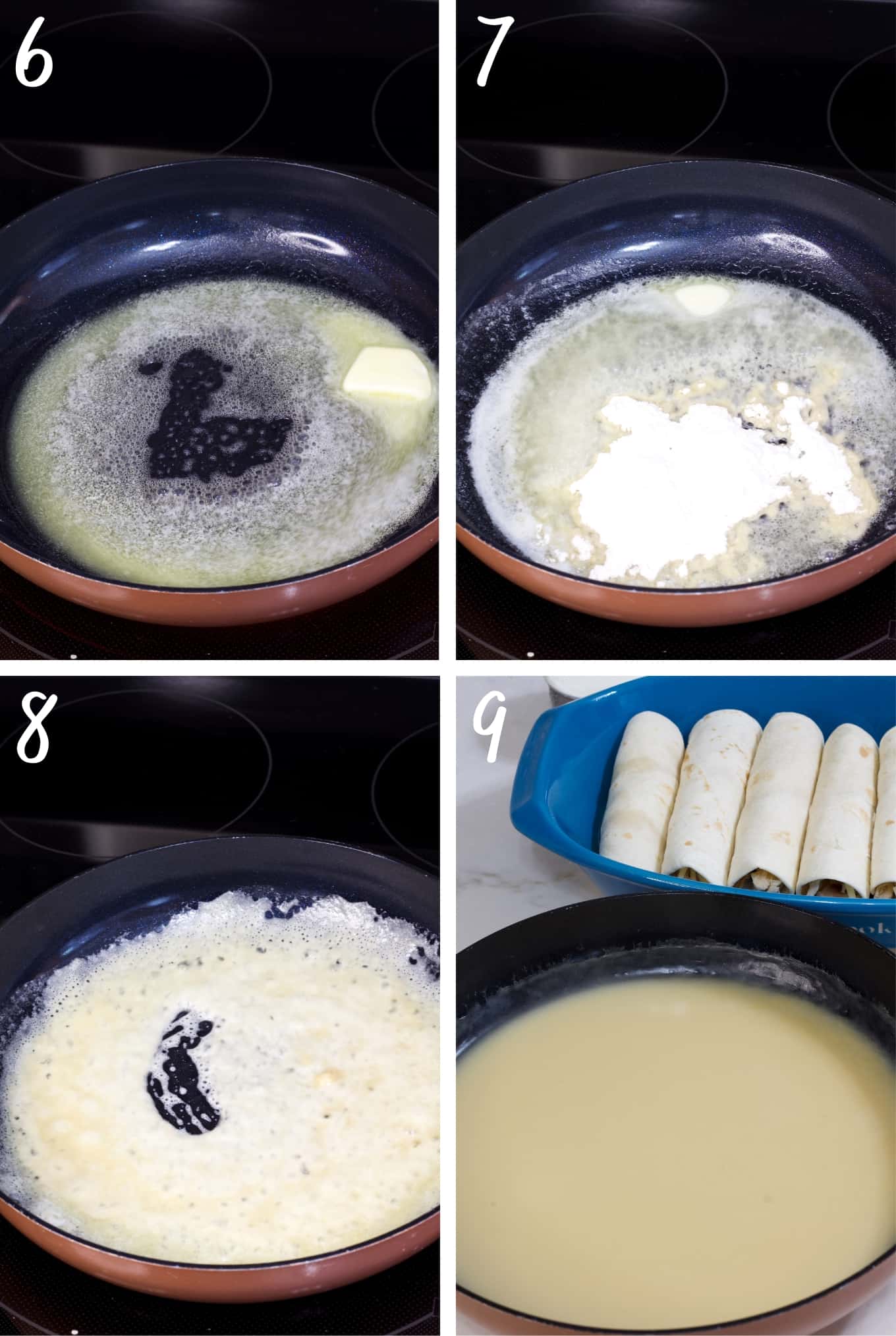 A collage of 4 images showing how to make the cream sauce.