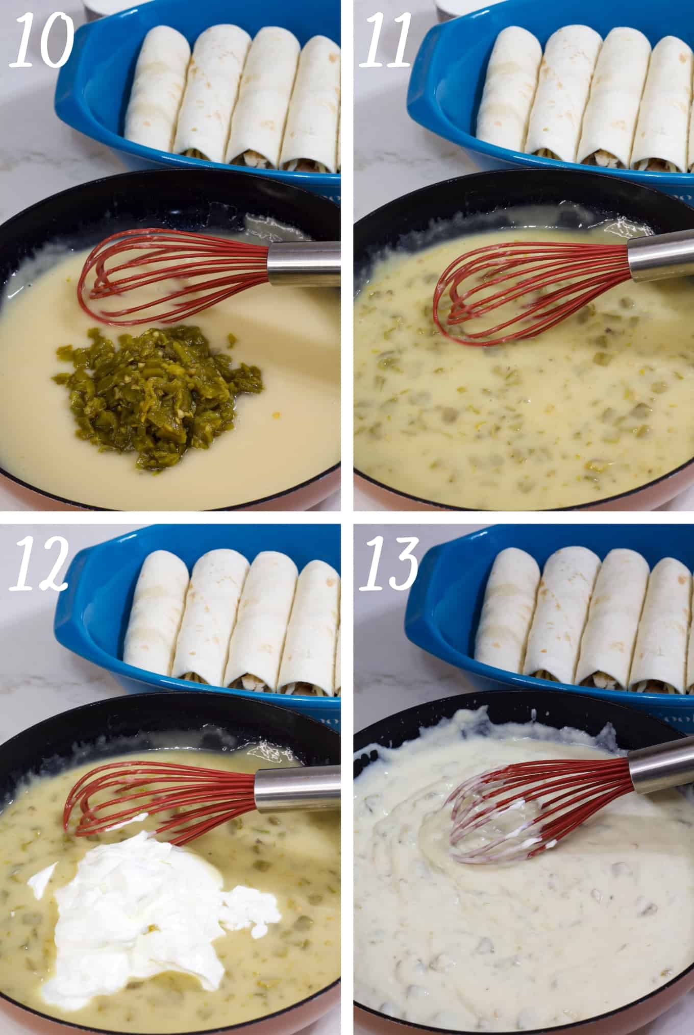 A collage of 4 images showing the green chiles and sour cream being added to the cream sauce.