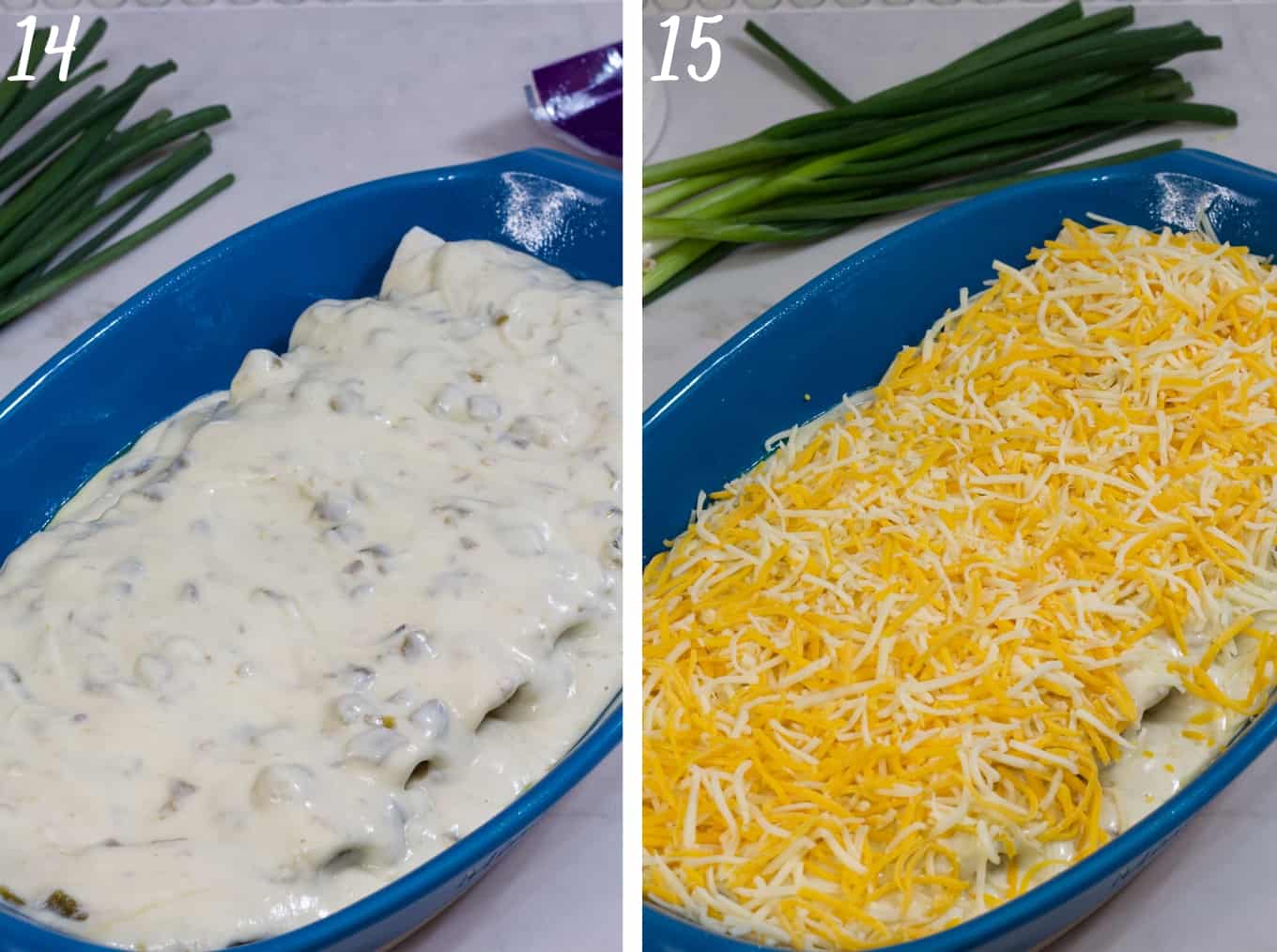 Side by side images of the casserole with and without shredded cheese on top.