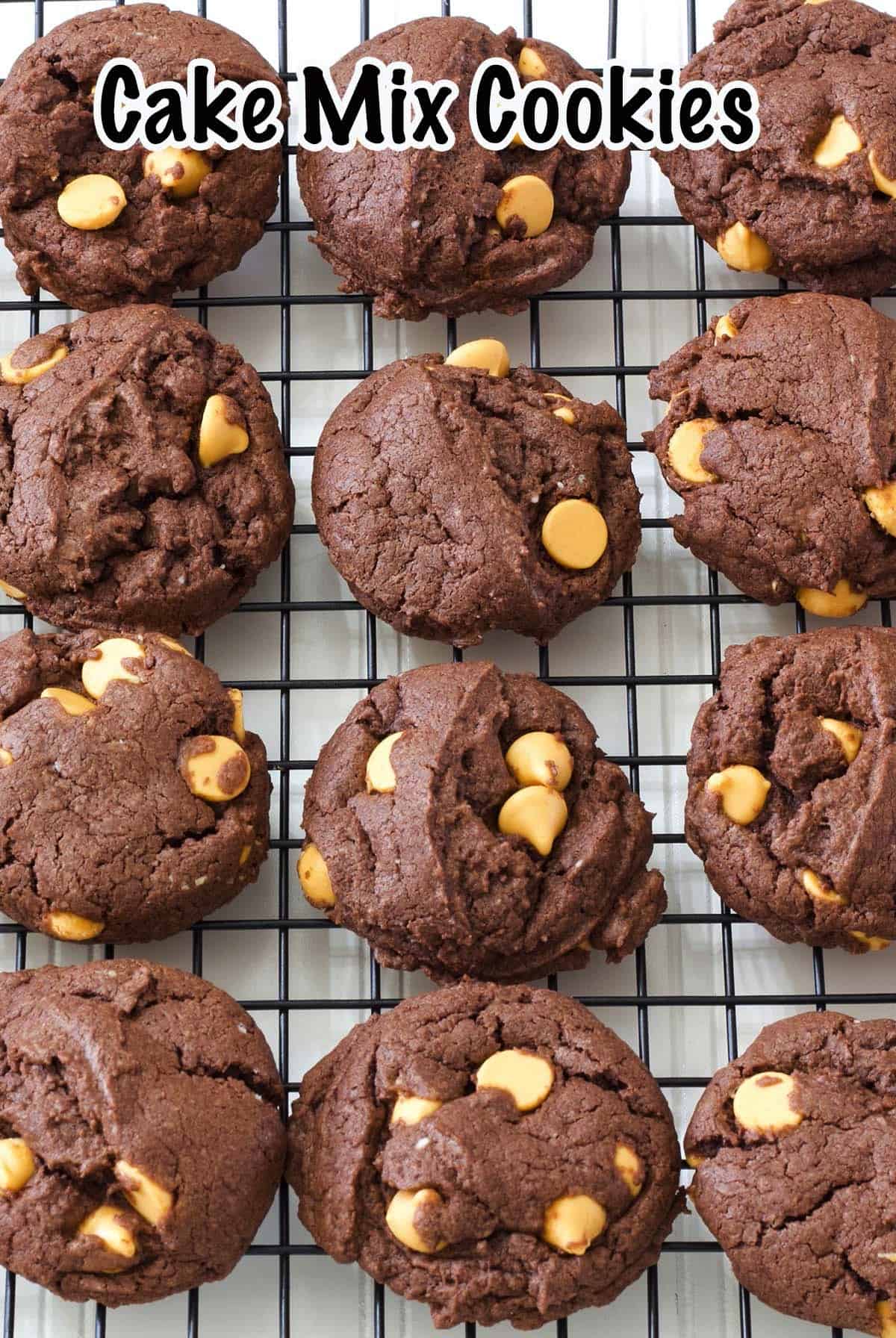 A pinnable image of one dozen cookies with the recipe title in text on the top.