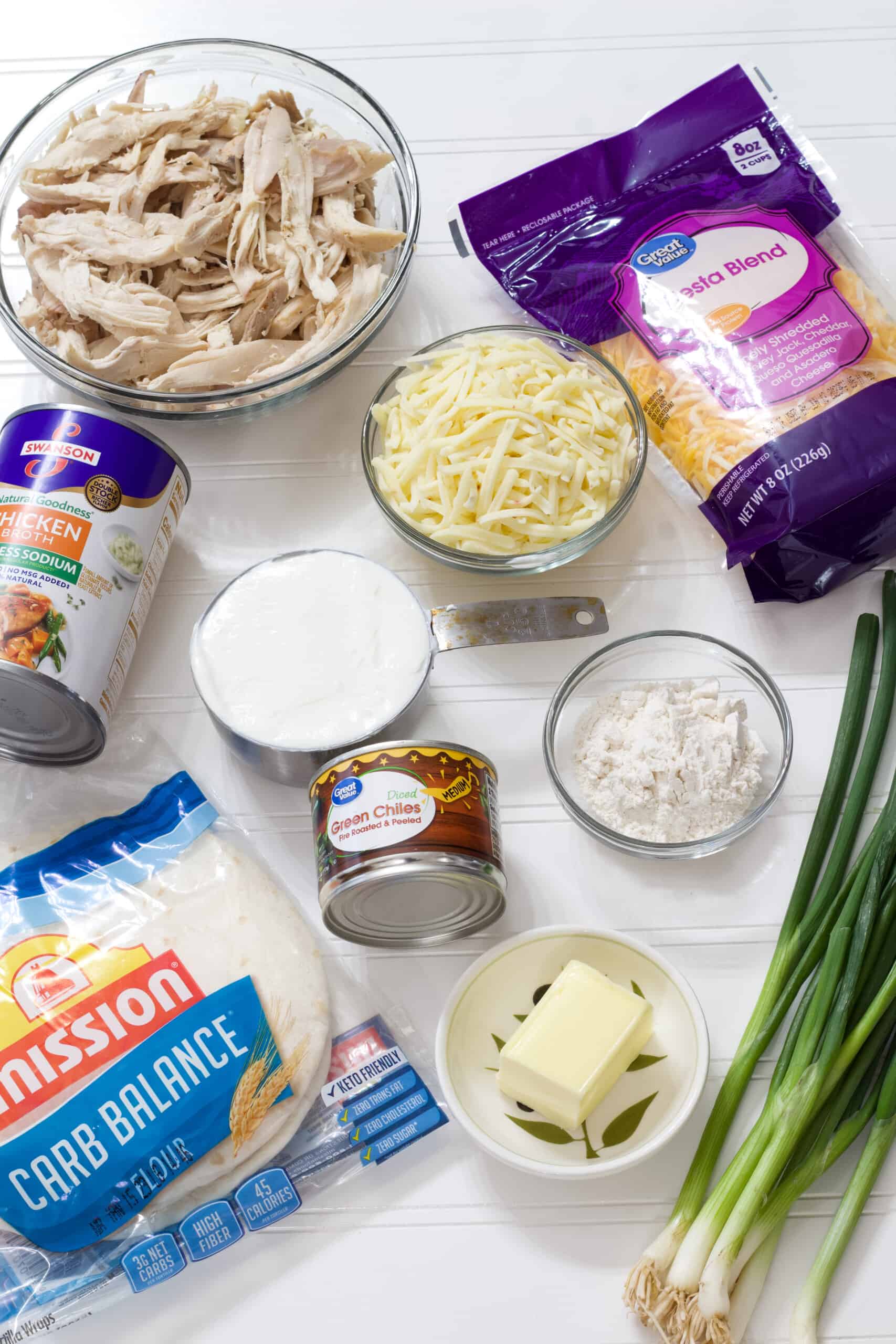 All of the ingredients needed to make easy low carb sour cream chicken enchiladas recipe.