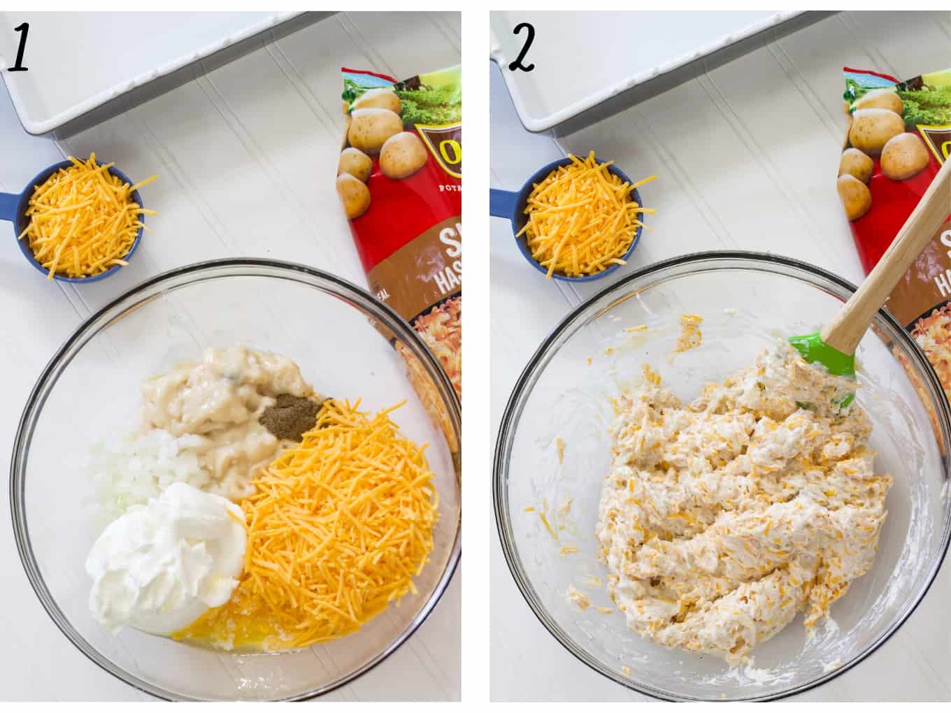 Side by side images of the soup, cheese, onions, sour cream, soup and pepper in a mixing bowl, unmixed and mixed.