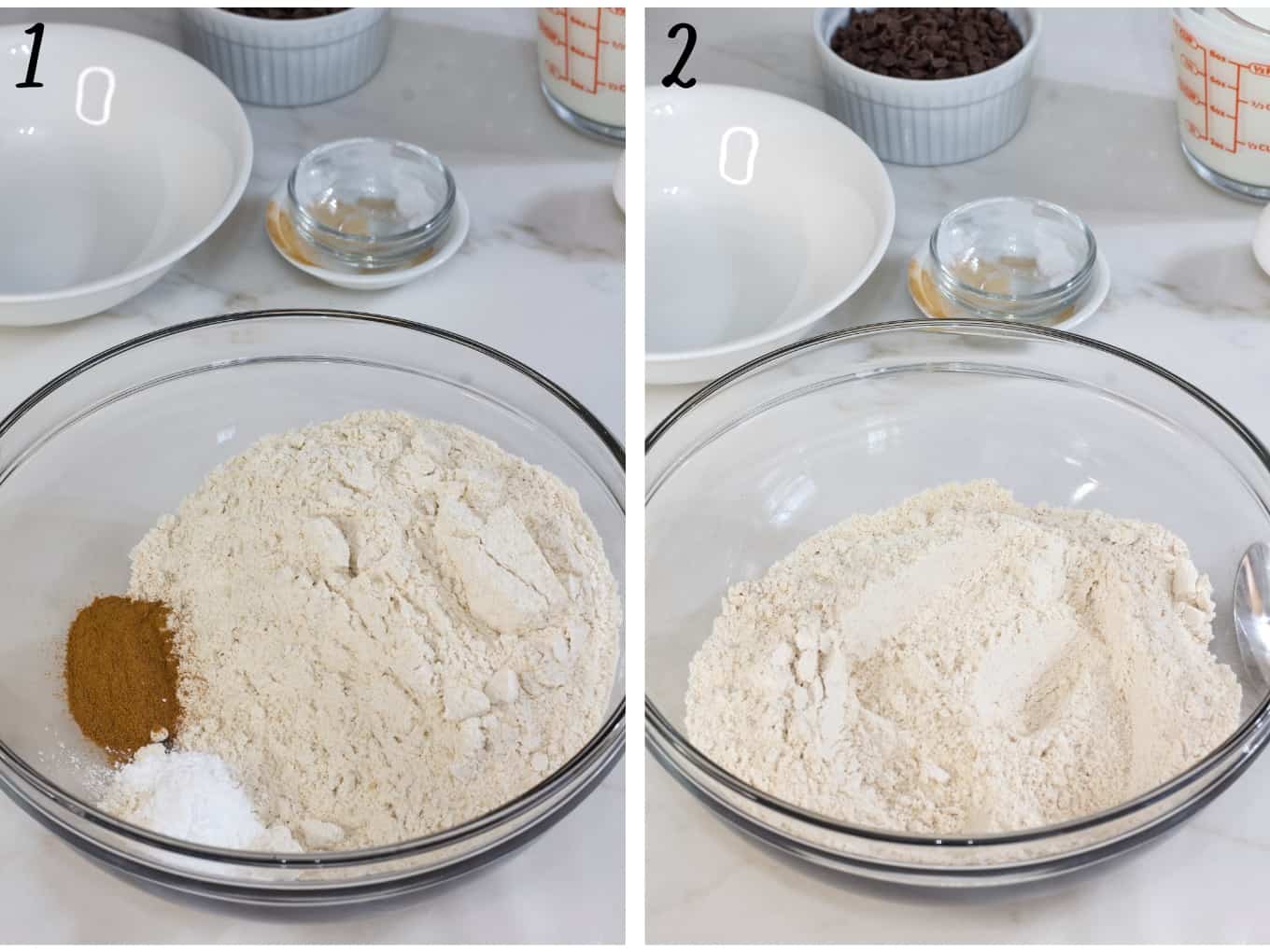 Side by side images of the dry ingredients in a glass bowl, the left image not mixed and the right image mixed.