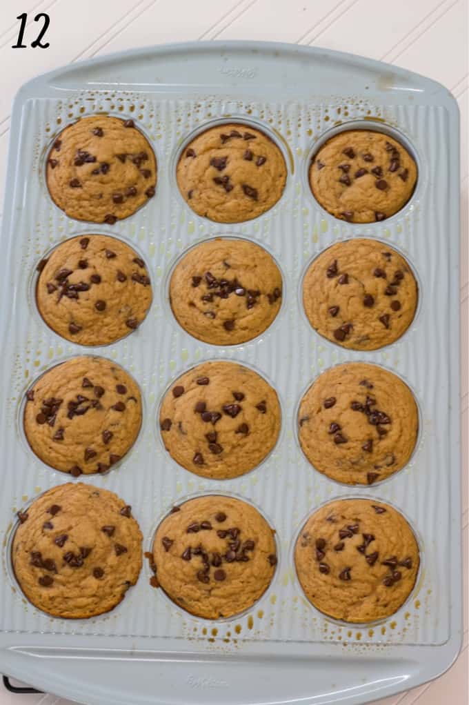 The baked muffins in a light blue muffin tin cooling for 5 minutes before I take them out of the pan.