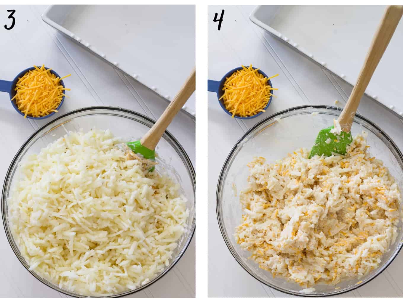 Side by side images of the mixing bowl with the potatoes added to the mixture, both unmixed and mixed.