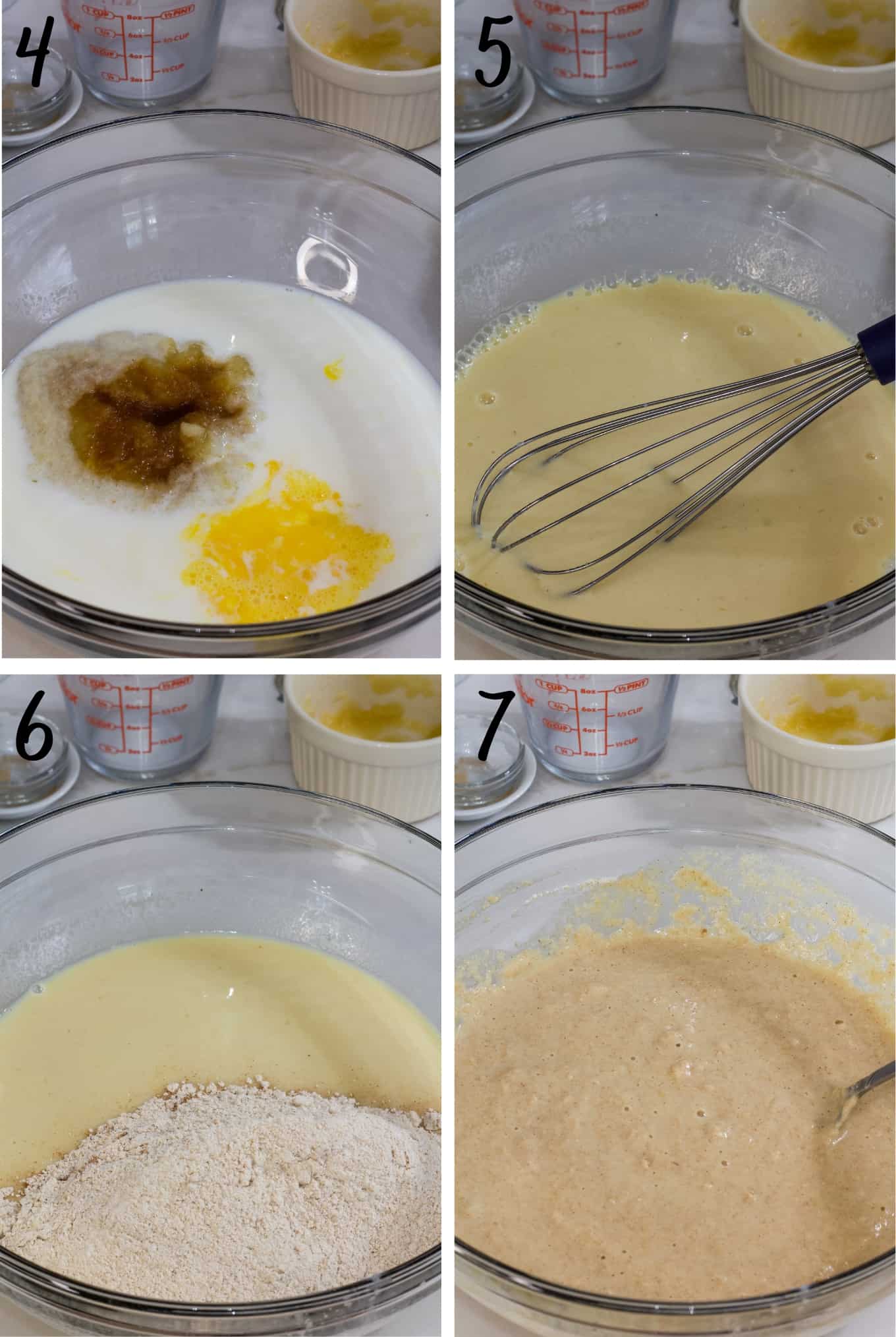A collage of four images showing the wet ingredients and then the dry ingredients being added into it.
