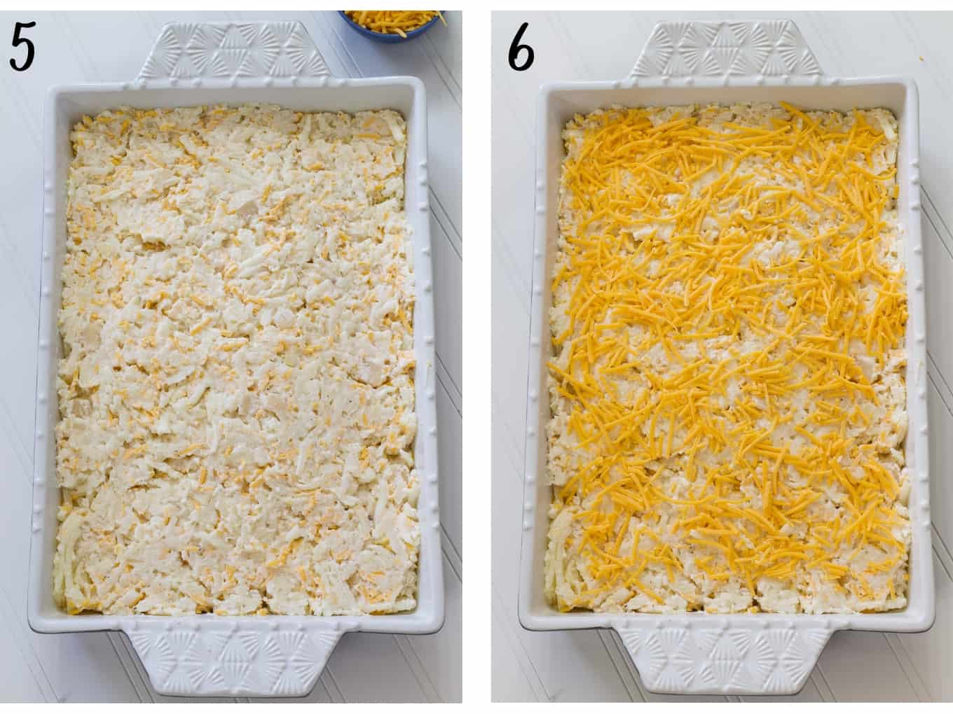 Side by side images of the unbaked casserole, not topped with cheese and topped with cheese.