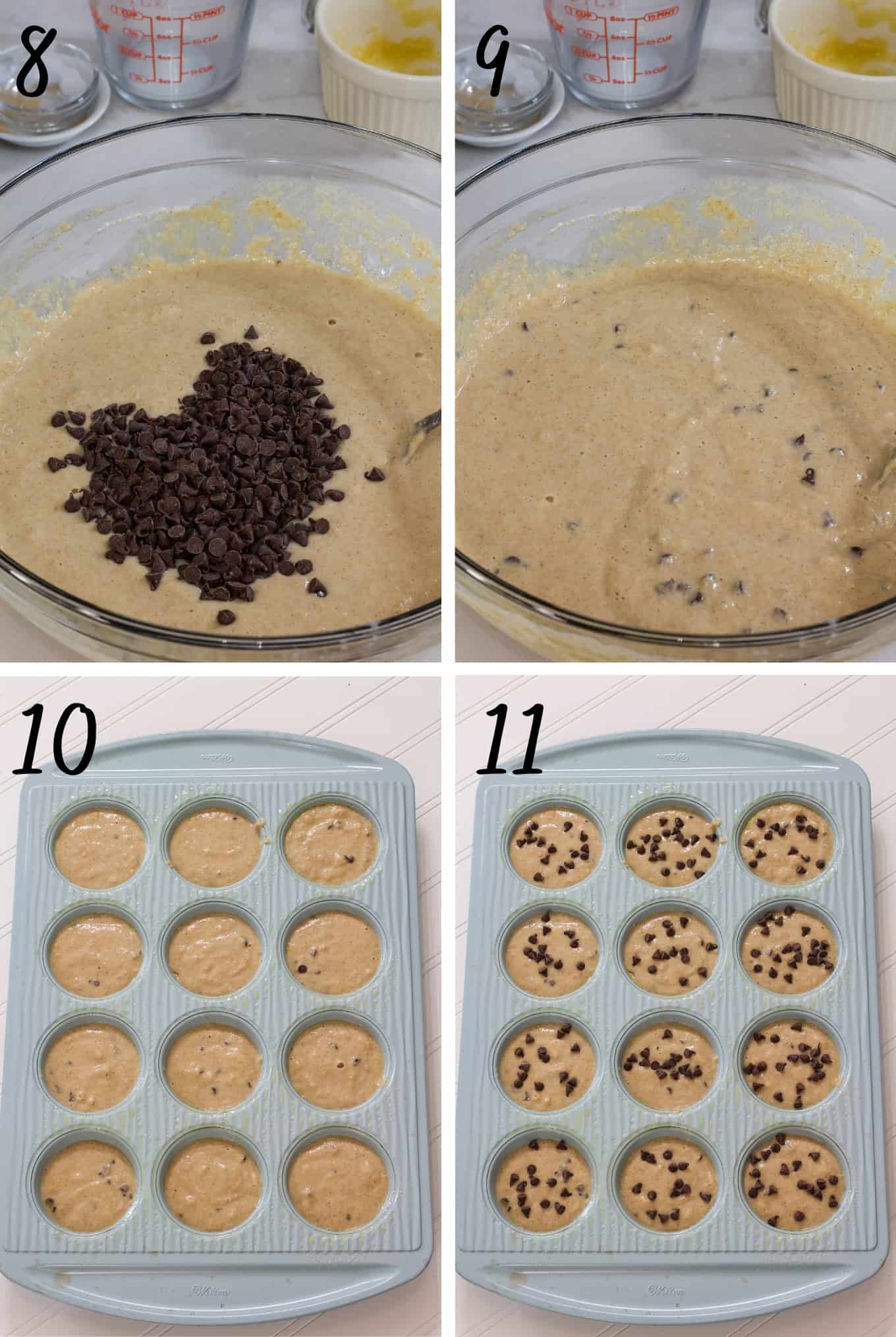 A collage of four images; the ingredients in the bowl and the with chocolate chips, not mixed and mixed. Then the muffin pan filled with batter with and without extra chocolate chips on the uncooked muffins.