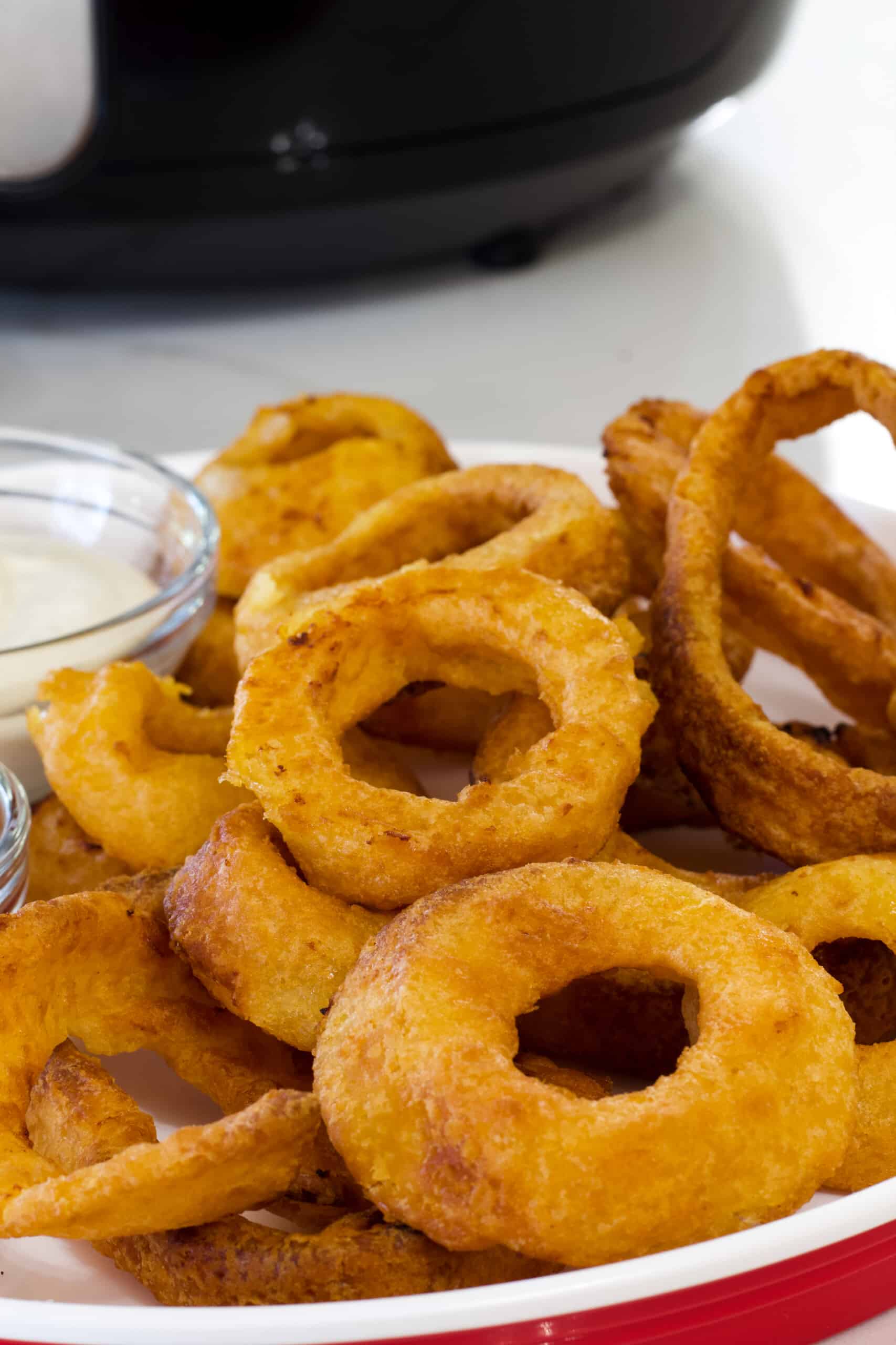 Close up view of onion rings on a white plate. You can see the bottom of the air fryer at the top of the image.