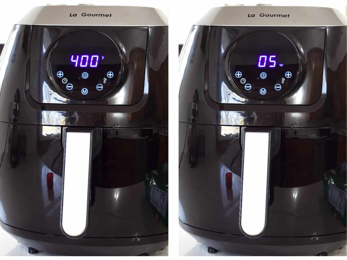 Side by side images of the air fryer, the one on the left has the temperature on it and the one on the left has the time it takes to cook the onion rings on it.