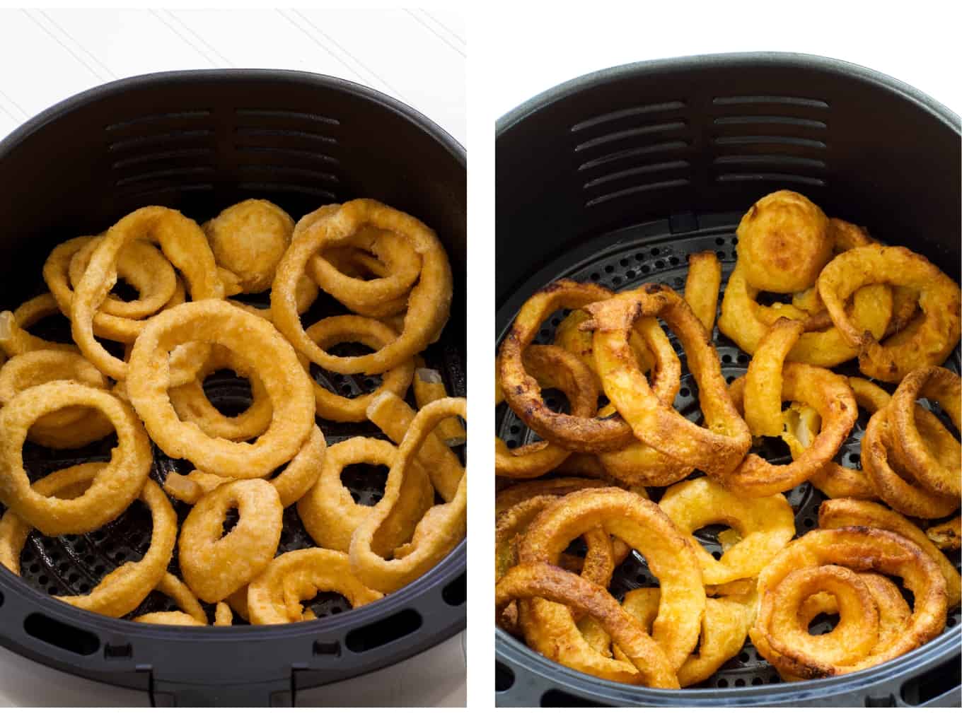 Side by side images of the onion rings in the air fryer basket, the one on the left is uncooked and the one on the right are cooked.