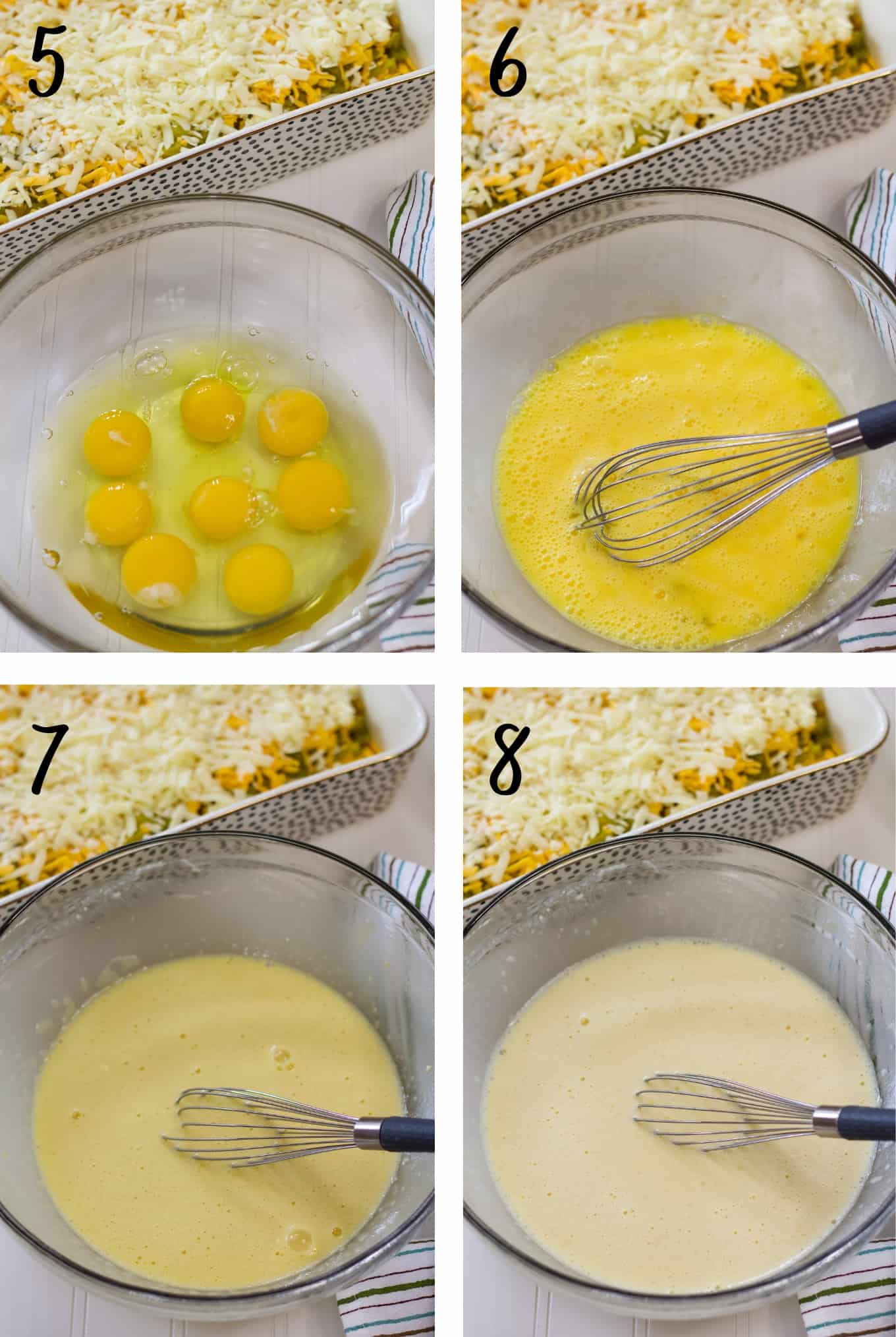 A collage of four images showing the stages of the eggs whipped with the milk and flour.