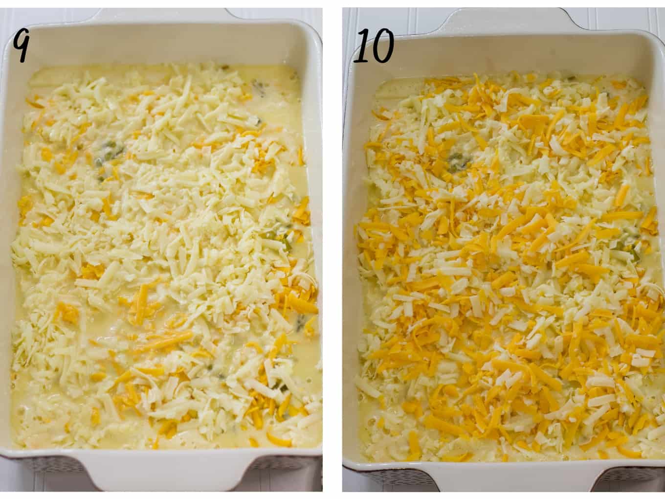 Side by side images of the easy chile rellenos casserole with the eggs in the baking dish and with it topped with the reserved cheese.