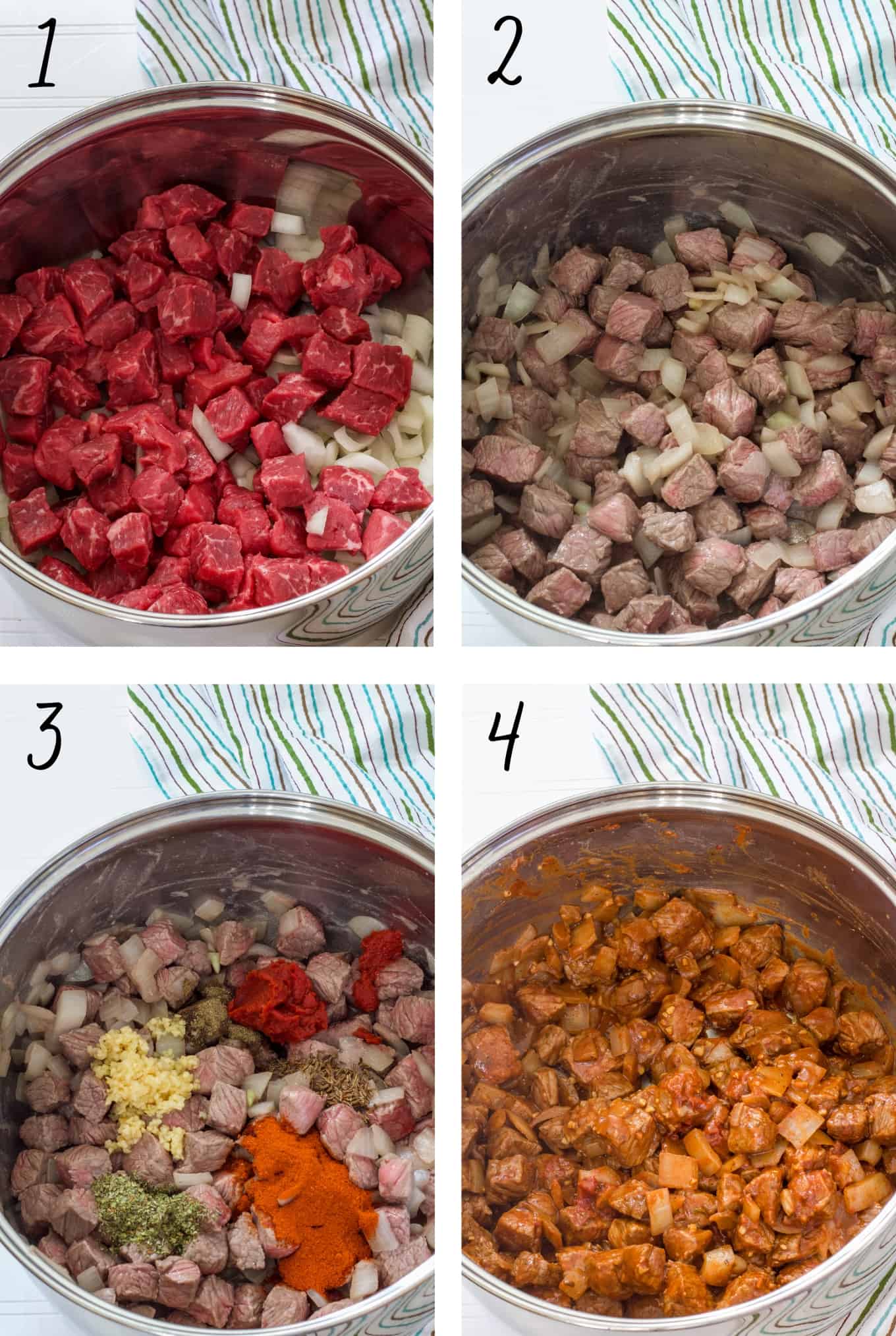 A collage of 4 photos showing the beef and onion being cooked and then the spices being added.