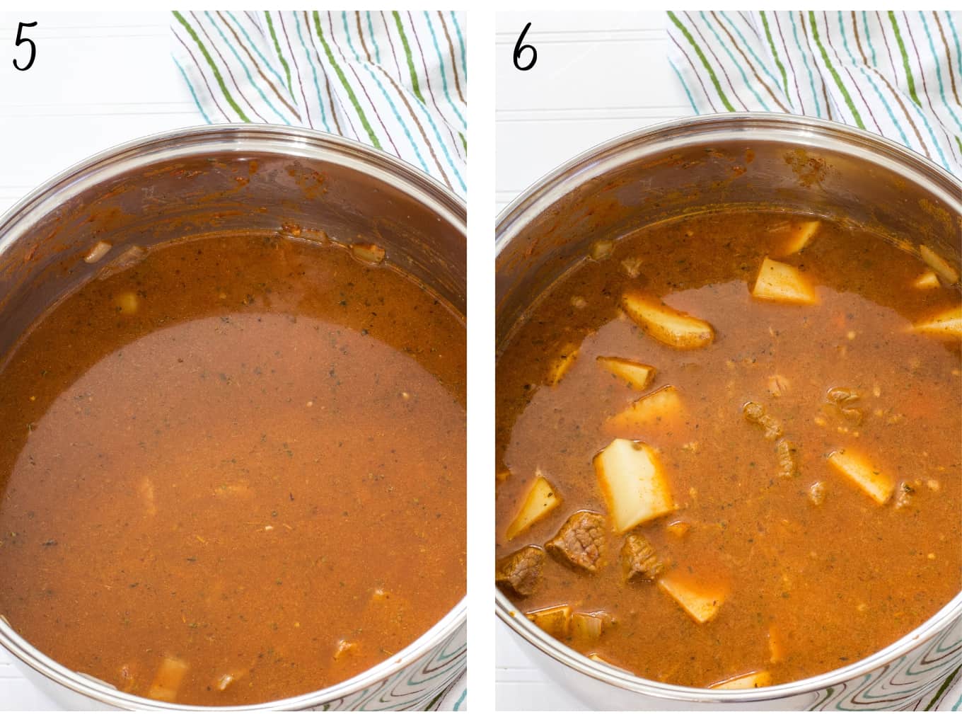 Side by side images of the broth and vegetables being added to the beef and spices.