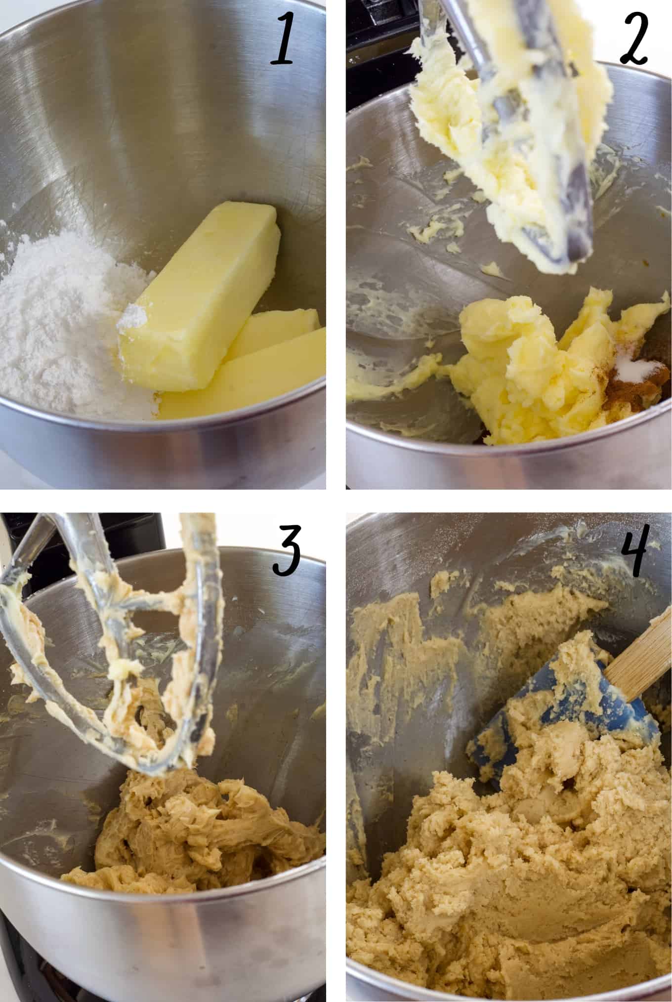 A collage of four images showing the steps of mixing the sugar cookies dough in the bowl of a stand mixer.