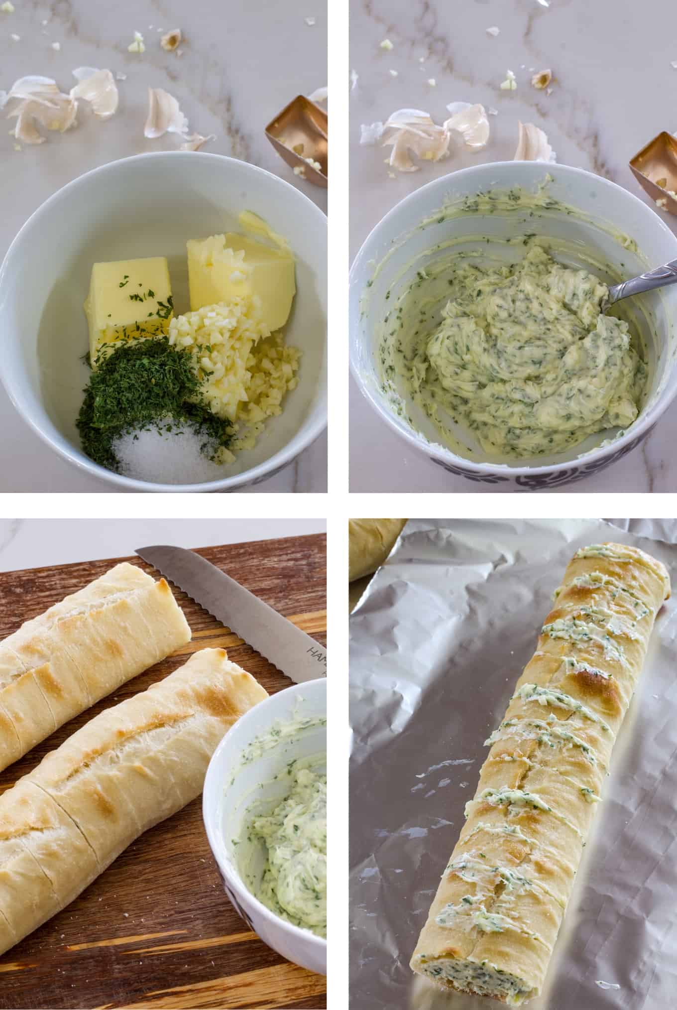 A collage of images showing the steps to prepare the bread for baking.