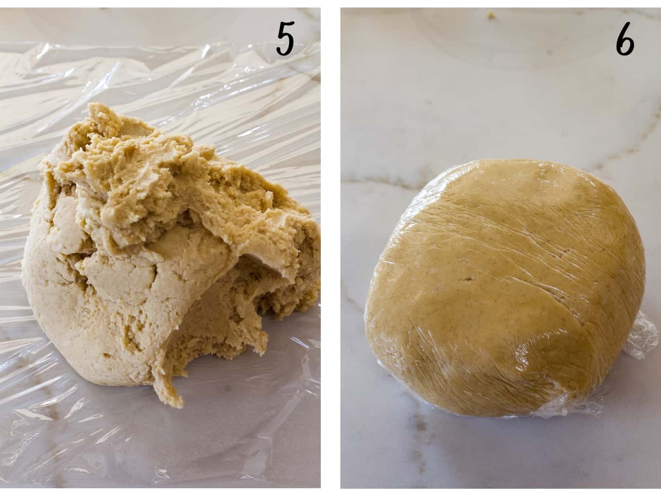 Side by side images of the cookie dough on a piece of plastic wrap, before and after being wrapped up.