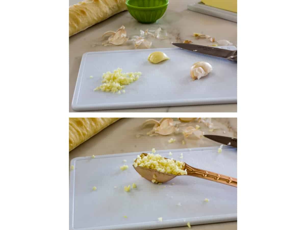 Two images of the garlic, one of it being chopped and one with it in a copper colored tablespoon.