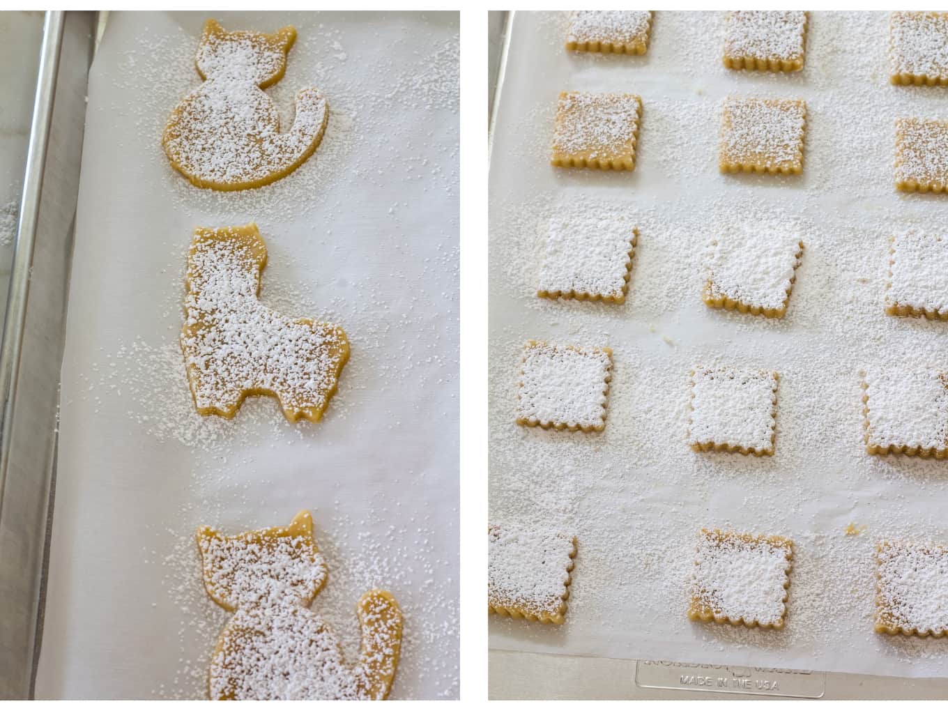 Side by side images of the llama and cat shape on one and the square cookies on the other, they are sprinkled with the cinnamon sugar mixture and ready to go into the oven.