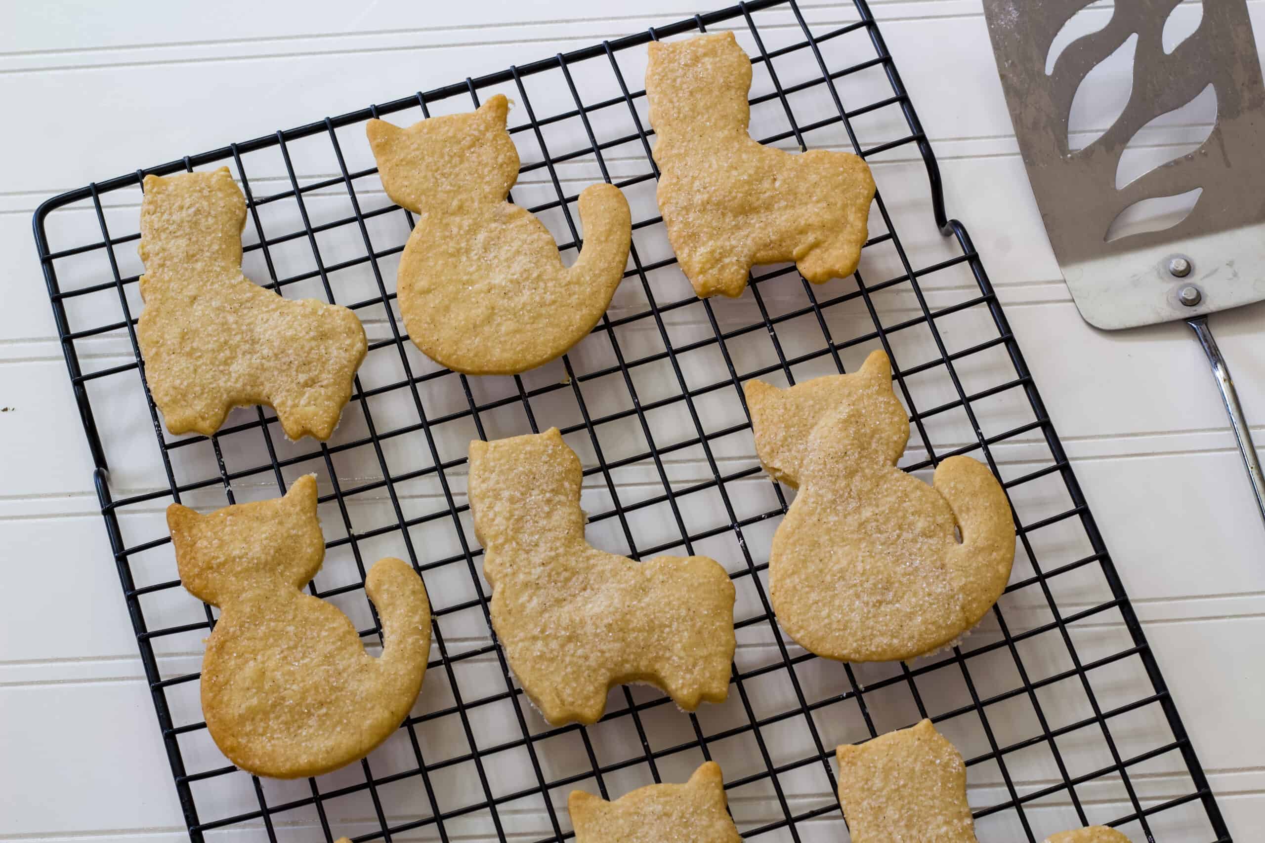 Several baked llama and cat cookies on a black wire rack with a silver kitchen spatula sitting next to it.