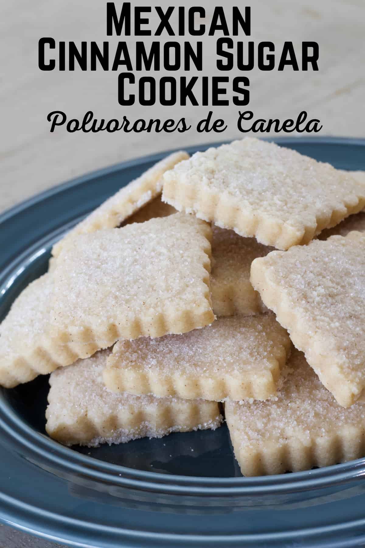 Close up of a blue plate with square cookies on it with the recipe title in text above it so it can be pinned on Pinterest.